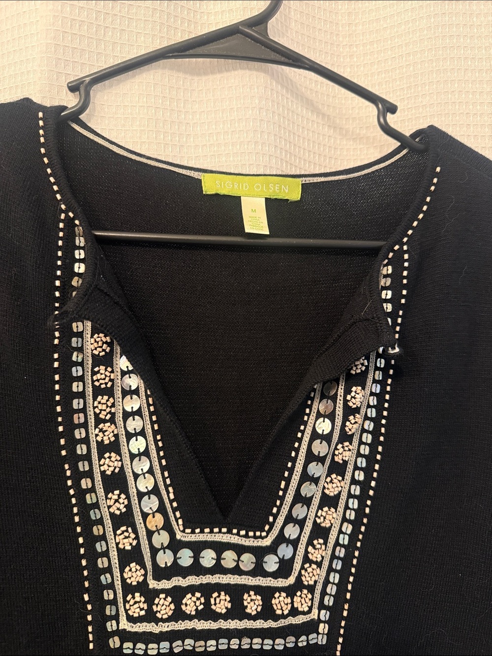 Sigrid Olsen Black V-Neck Sweater with Silver and Cream Embellishment
